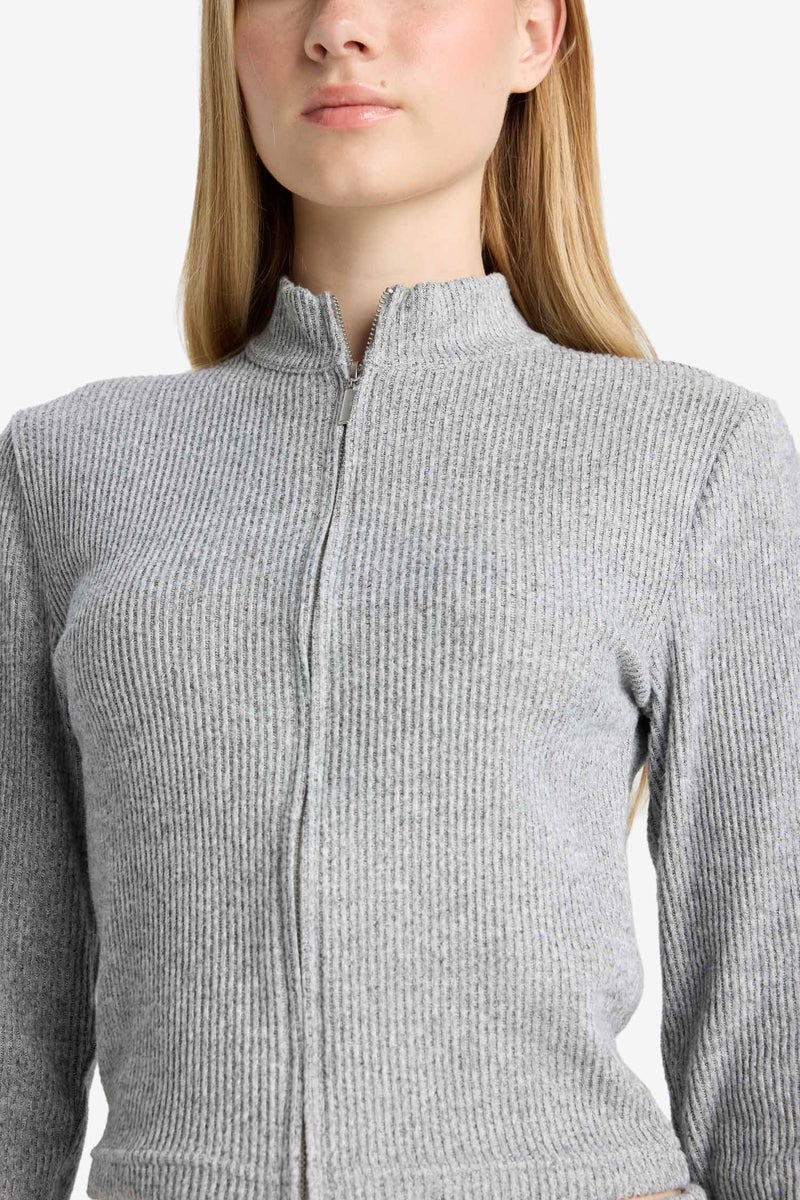 DeFacto Grey Woman Turtleneck Zip-Up Cardigan Casual - Image 5